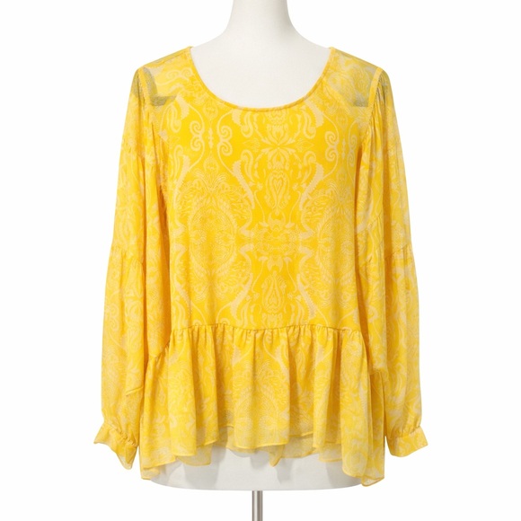 Gentle Fawn Yellow Paisley Print Long Sleeve Peplum Blouse Top - Picture 1 of 6